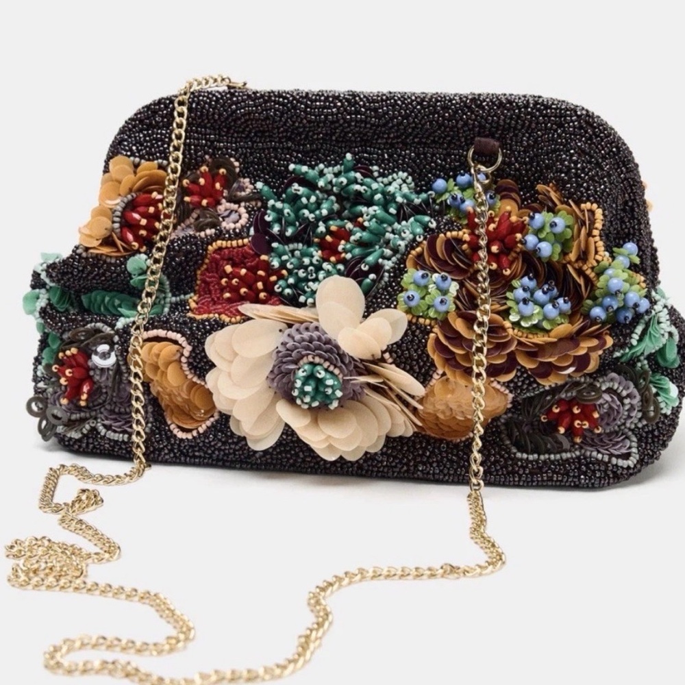 Zara adorable Beaded Chain Shoulder Bag Purse in Multicolor flower detail NEW - Picture 5 of 17